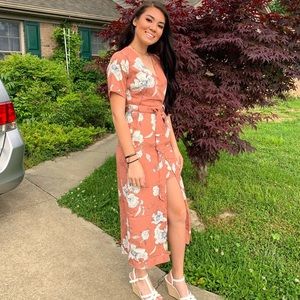 Coral dress with white flowers